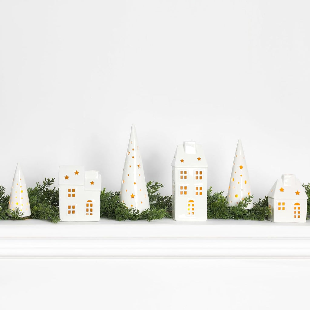 Newtay Ceramic LED Christmas Village Set - 3 LED Houses & 3 Porcelain Trees | White Decor for Tabletop & Mantel