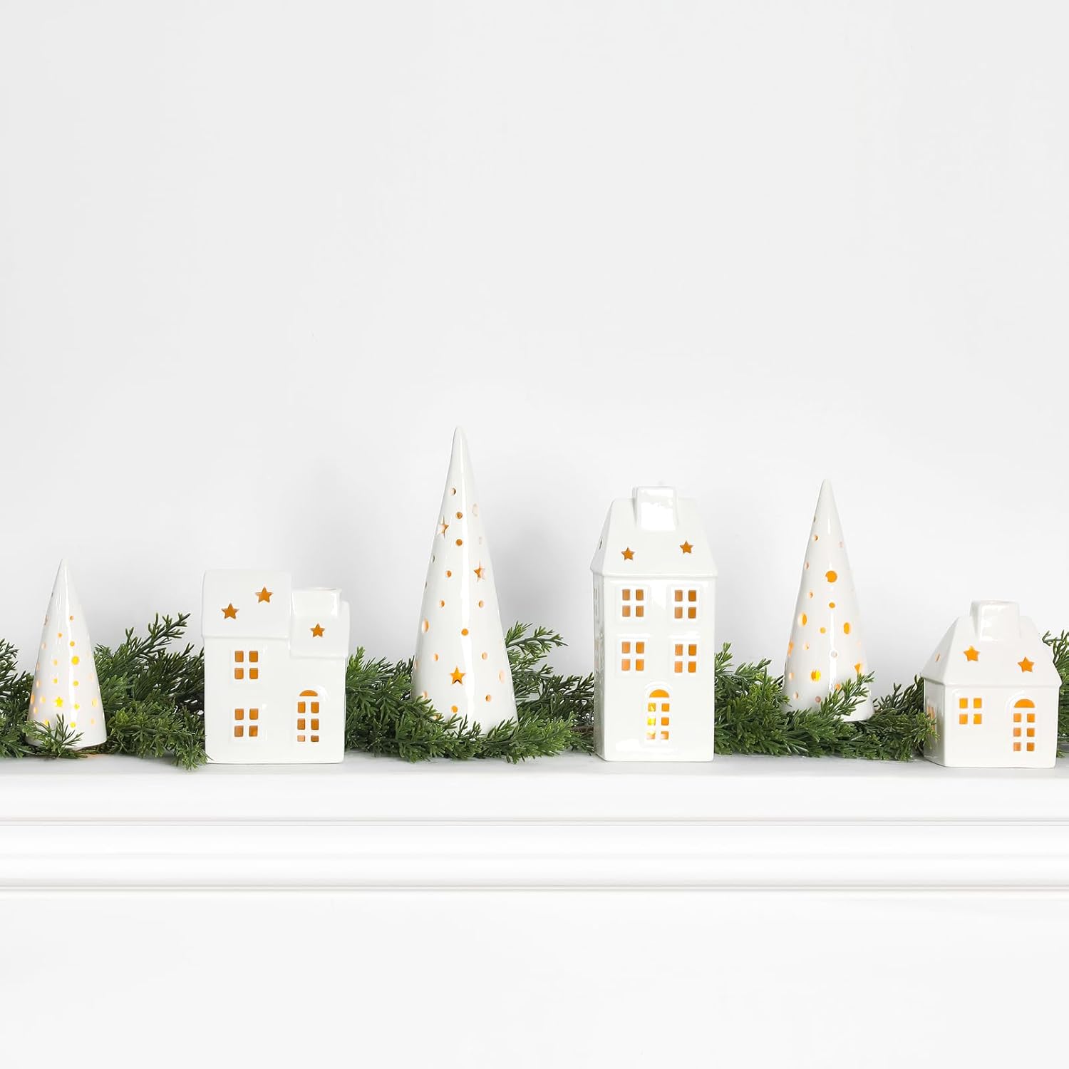 Newtay Ceramic LED Christmas Village Set - 3 LED Houses & 3 Porcelain Trees | White Decor for Tabletop & Mantel
