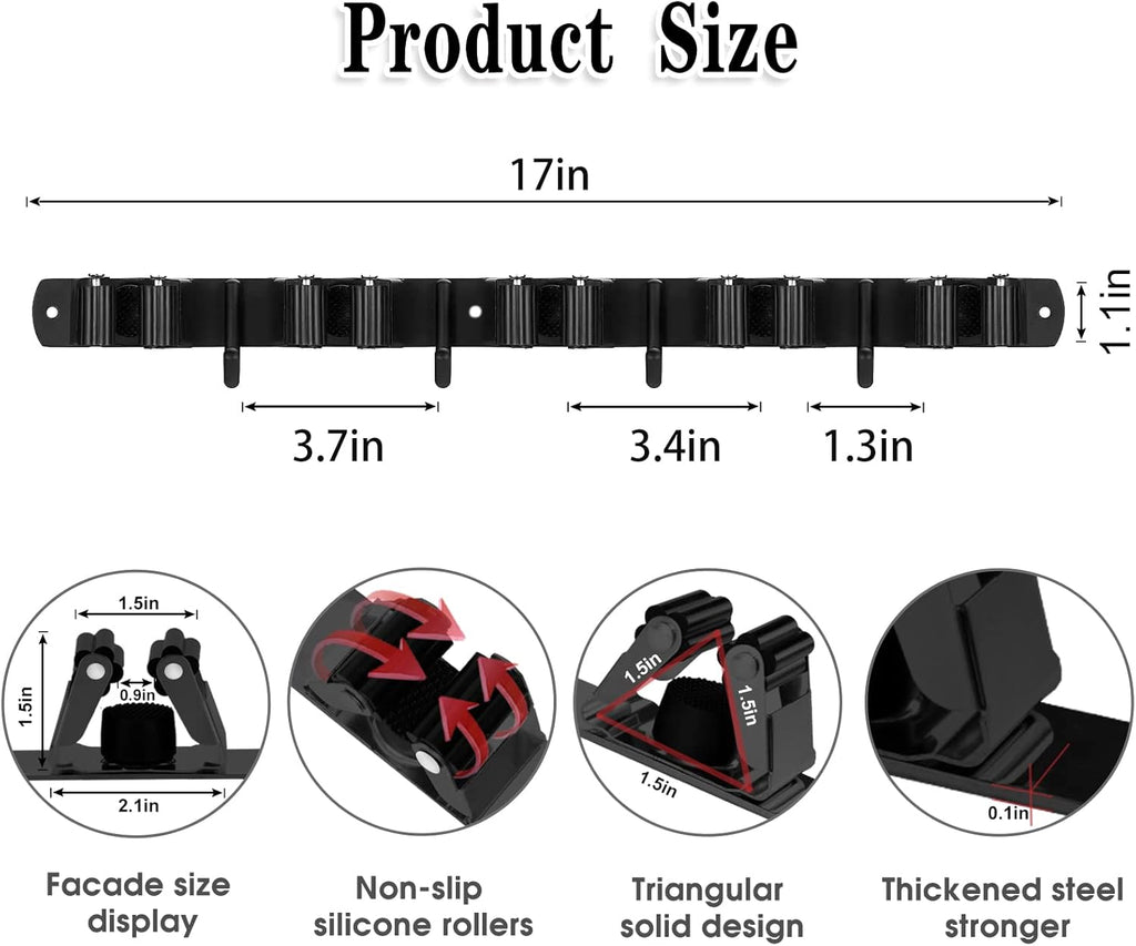 Skiennix Wall-Mounted Broom and Mop Holder - Heavy-Duty 5 Racks & 4 Hooks | Black Stainless Steel Organizer
