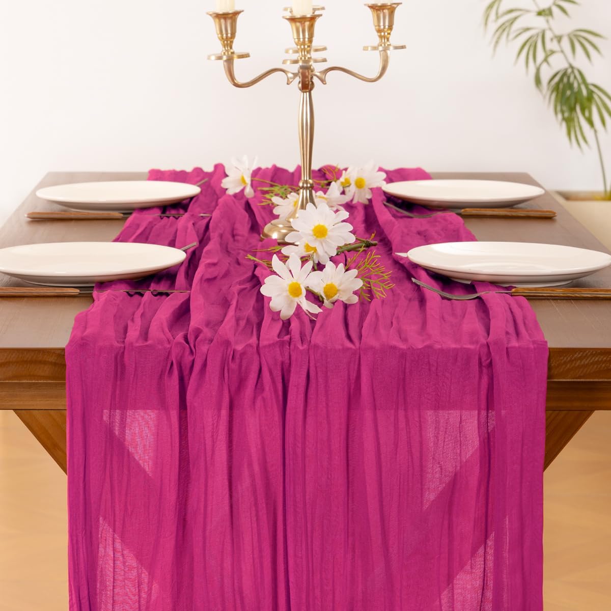 Socomi Cheesecloth Table Runner - Hot Pink Fuchsia Boho Rustic Design | 120 Inch for Weddings & Events