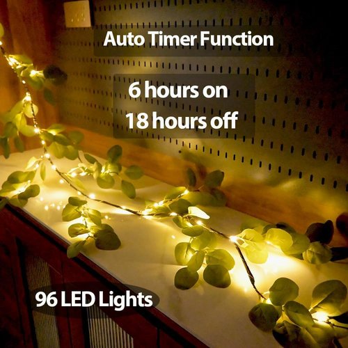Eucalyptus Garland with 96 LED Lights - 6.56FT Battery Operated | 8 Modes & Timer for Home Decor