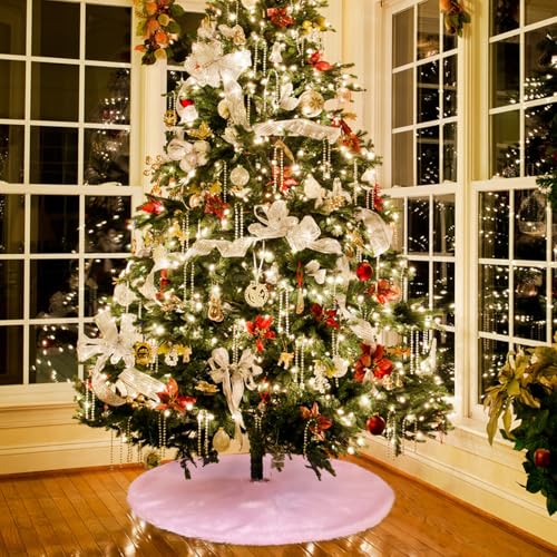 Pink Plush Christmas Tree Skirt 30 Inch Faux Fur Holiday Decor - Amidaky