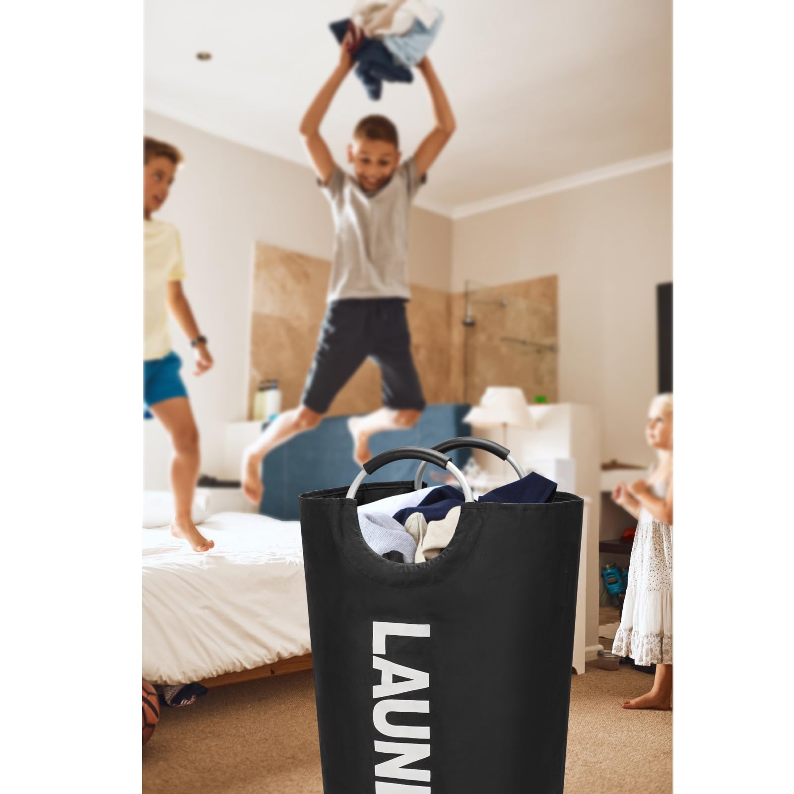 Maxsilan 90L Large Laundry Basket, Freestanding Tall Clothes Hamper, Collapsible Laundry Bag, Black