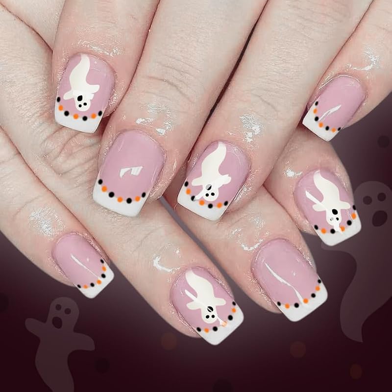 Halloween Press on Nails Short Square White Ghost Design French Tip