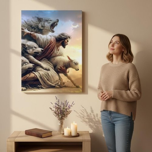 Jesus And Lamb Wall Art - Inspiring Jesus Saves The Lost Lamb Painting | Perfect Decor for Living Room, Bedroom, Church