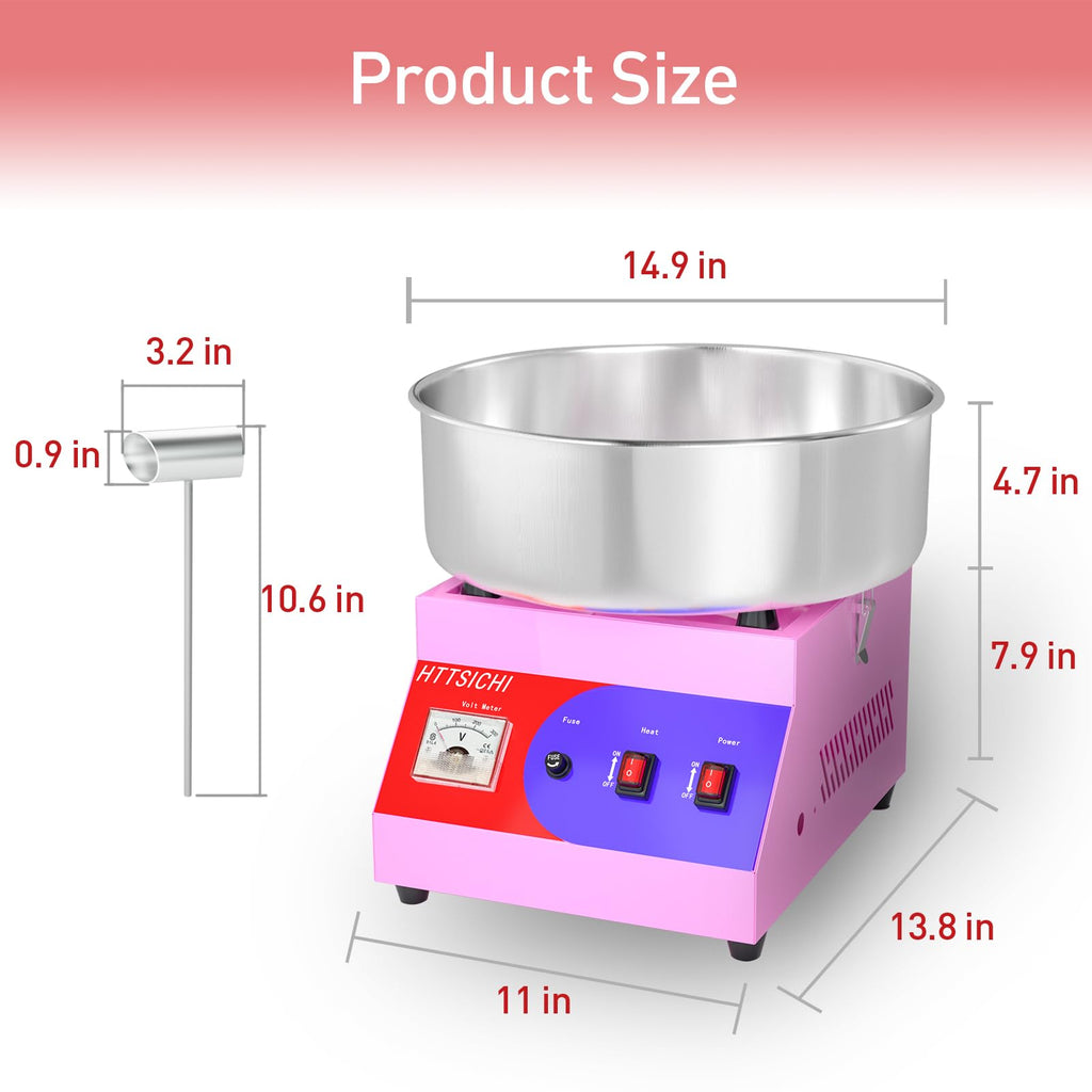 HTTSICHI Cotton Candy Machine - Cotton Candy Machine Commercial w/ 15 inch Stainless Steel Bowl, Sugar Scoop, Cotton Candy Maker for Home, Party, 1000W Hard Candy Cotton Candy Maker for Birthday