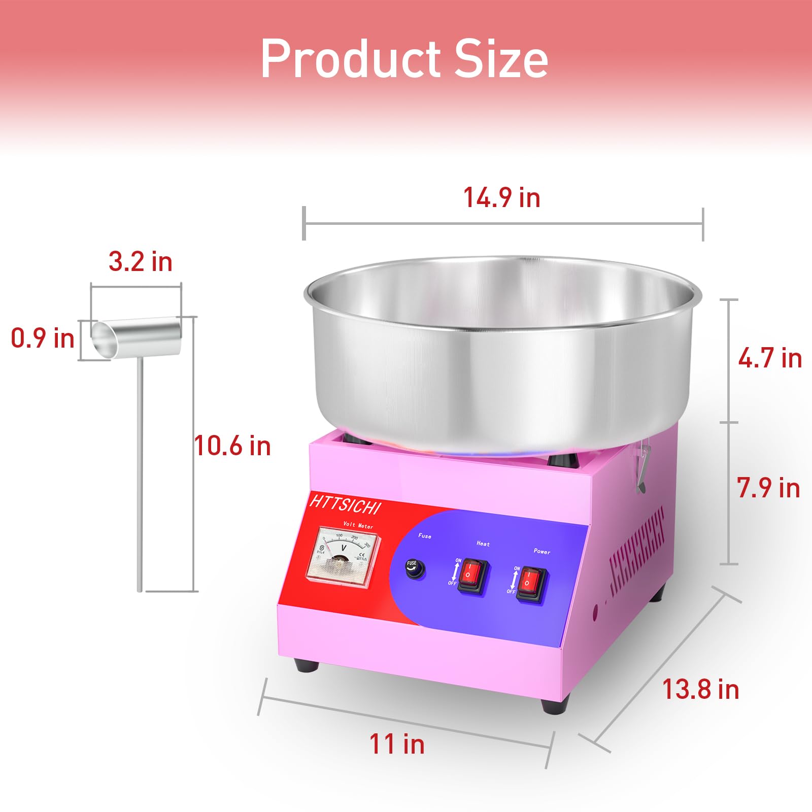 HTTSICHI Cotton Candy Machine - Cotton Candy Machine Commercial w/ 15 inch Stainless Steel Bowl, Sugar Scoop, Cotton Candy Maker for Home, Party, 1000W Hard Candy Cotton Candy Maker for Birthday