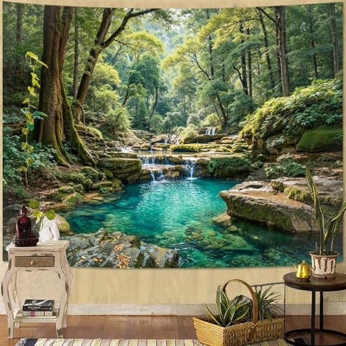 Zussun Nature Forest Tapestry, Teal Pool Landscape Wall Hanging 48x36