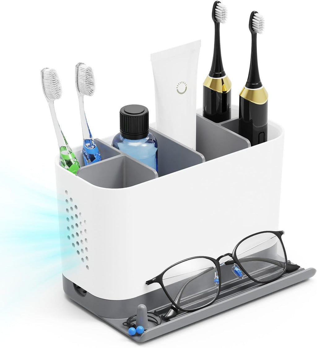 Skiennix Adjustable 6-Slot Toothbrush Holder - Cord-Friendly Bathroom Organizer with Phone Ledge
