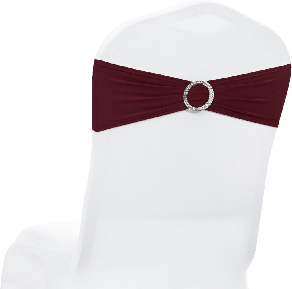 MDS Spandex Chair Sashes - Universal Elastic Stretch Bows with Buckle Slider | 125 Pack in Burgundy