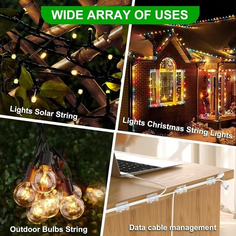 FALDAA 50Pcs Outdoor Light Clips, Heavy Duty Waterproof Double-Hook Hangers with Adhesive Strips and Screws for Patio String Lights