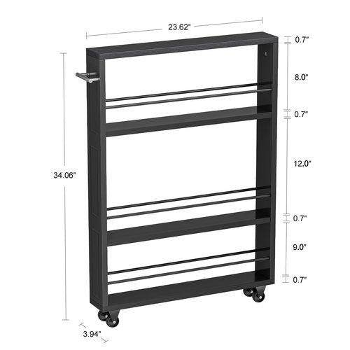 KLM Rolling Storage Cart 4-Tier Black Kitchen Cart with Wheels, Slim Storage Cart with Handle Slide Out Utility Cart Shelving Unit Organizer Trolley for Laundry Narrow Places Bathroom Small Corner