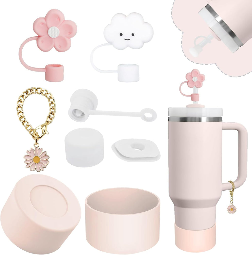 Stanley Cup Accessories Set - 2 Straw Covers, 1 Spill-Proof Stopper & 1 Butterfly Charm | Fits 40 & 30 Oz Tumblers (Rose Quartz)