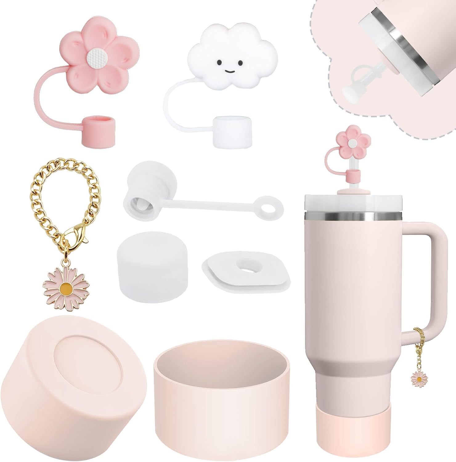 Stanley Cup Accessories Set - 2 Straw Covers, 1 Spill-Proof Stopper & 1 Butterfly Charm | Fits 40 & 30 Oz Tumblers (Rose Quartz)