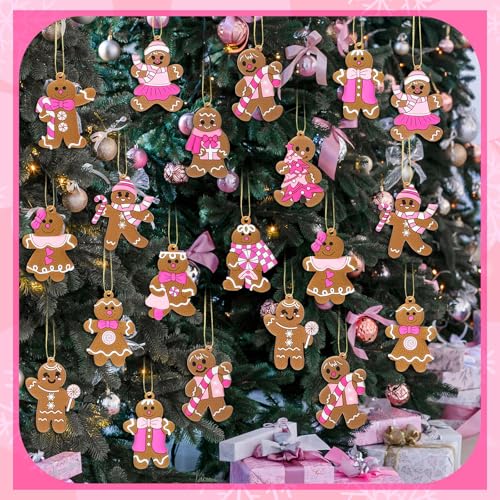 Pink Gingerbread Man Christmas Ornaments Set of 24 - Holiday Tree Decorations