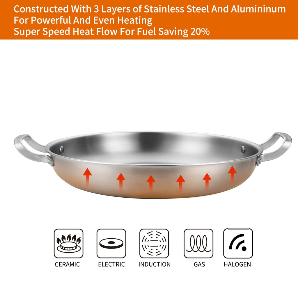 Yeksum Tri-Ply Stainless Steel Paella Pan Large Saute Pan with Lid (Stainless Steel, 13.5 INCH)