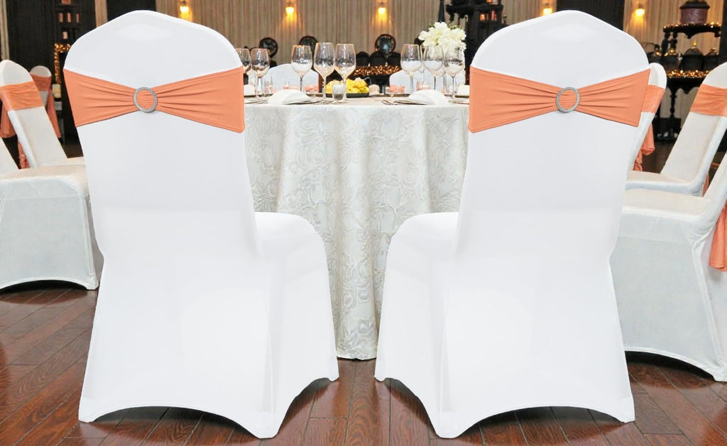 MDS Spandex Chair Sashes - Premium Stretch Bow Covers with Buckle Slider | Universal Fit - Peach (Pack of 25)