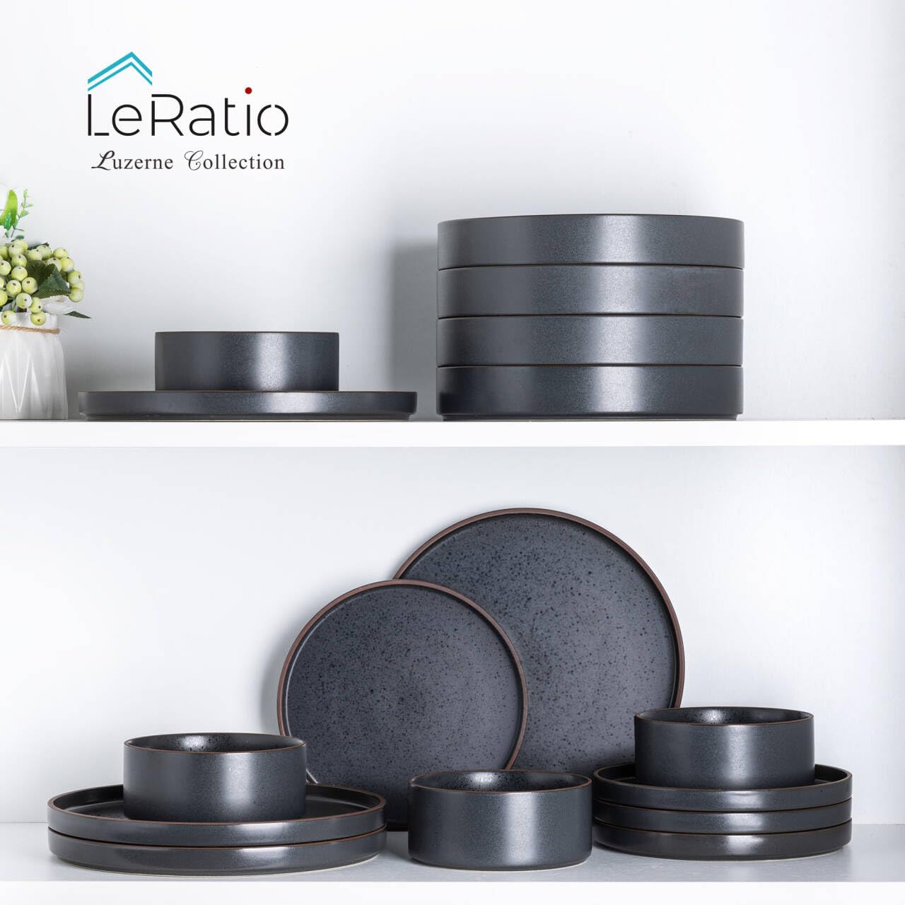 LERATIO Dinner Plates,Ceramic Dinner Plates Set of 6,10.75 inch Large ceramic plates,Modern Shape Dinnerware Dishes Set for Kitchen, Microwave & Dishwasher & Oven Safe-Coffee Rim