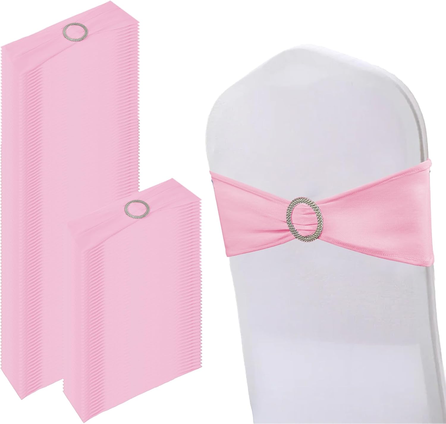 Skiennix 150-Pack Spandex Stretch Chair Sashes - Elastic Covers with Buckle Slider for Weddings & Events | Pink