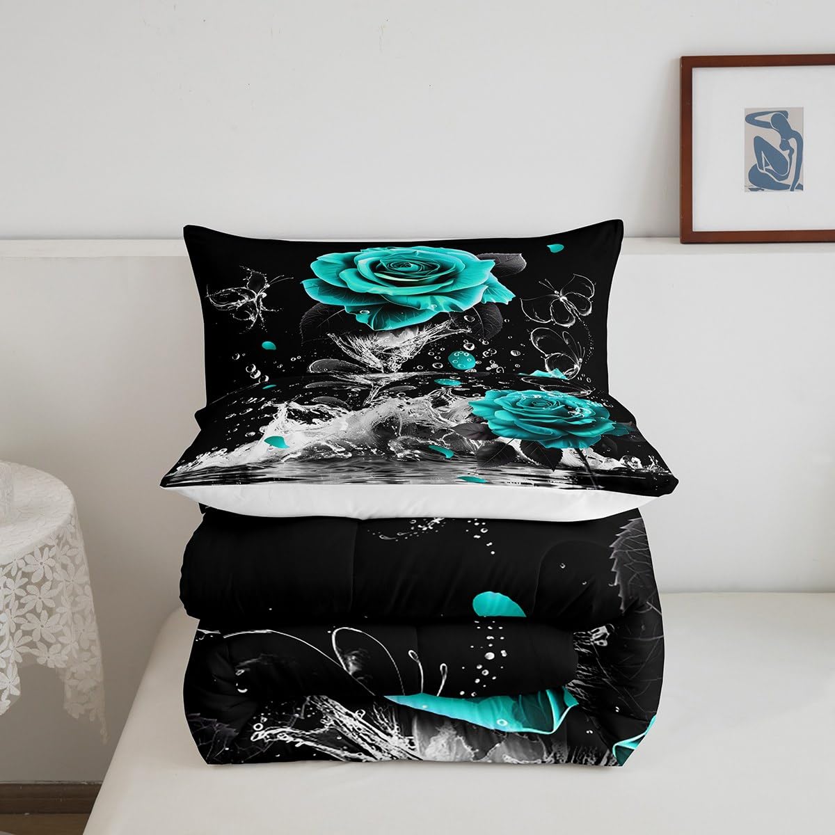 Feelyou Teal Rose Bedding Set Queen Size Romantic Floral Blossom Comforter Set for Adult Black Teal Comforter Reflection on Water Quilt Set 3Pcs