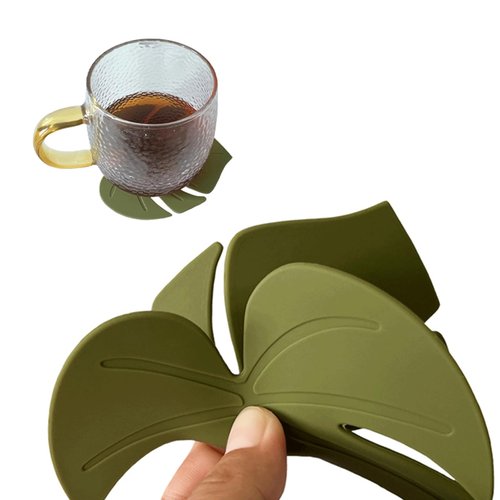 2PCS Cute Monstera Coasters, Soft Silicone Coaster for Drink, Fun Plant Cup Coasters for Desk, Creative 3D Green Turtle Leaf Drink Coaster, Tropical Home Decor