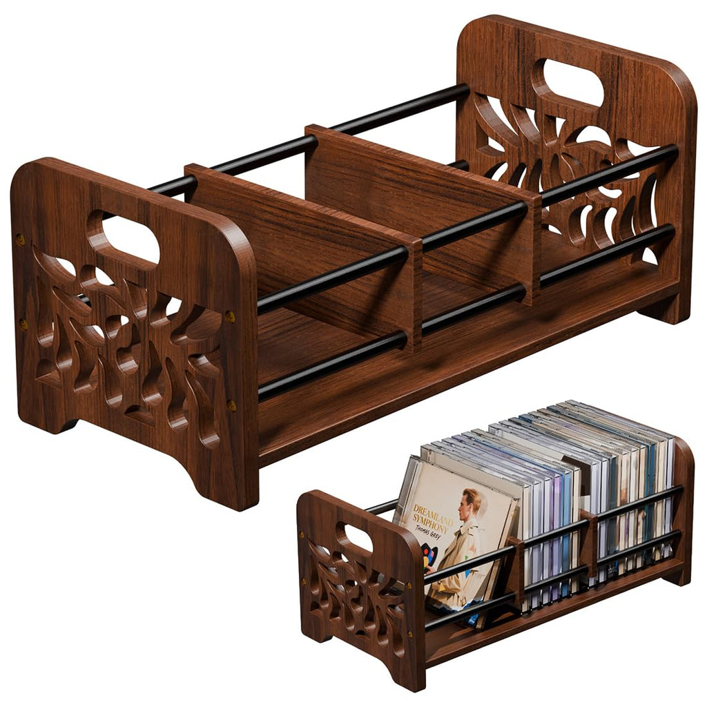 QILICHZ CD Holder,DVD Holder Storage,Wood CD Rack Organizer,DVD Rack,Cassette Tape Storage with Dividers for CDs, DVDS, Tapes,Video Game Cases, Tape Display Stand, Hold 35Pcs