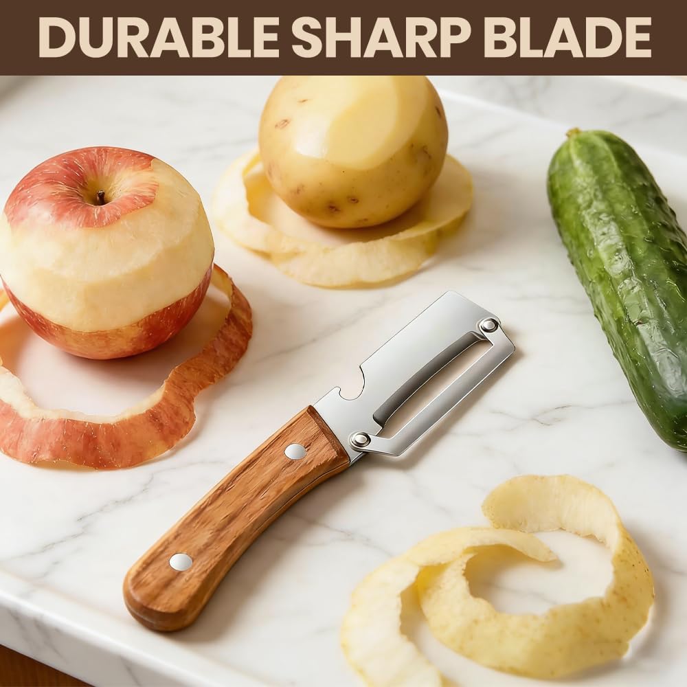 Skiennix Multi-Functional Vegetable Peeler - 2-in-1 Stainless Steel with Wooden Handle & Bottle Opener | Ideal for Potatoes, Pumpkins, Zucchini (2 Pcs)