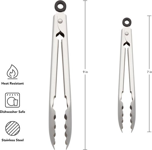 KitchenAid Stainless Steel Tongs Set - Durable Scalloped Edges, Easy Lock, Dishwasher Safe | 7-Inch & 9-Inch Silver