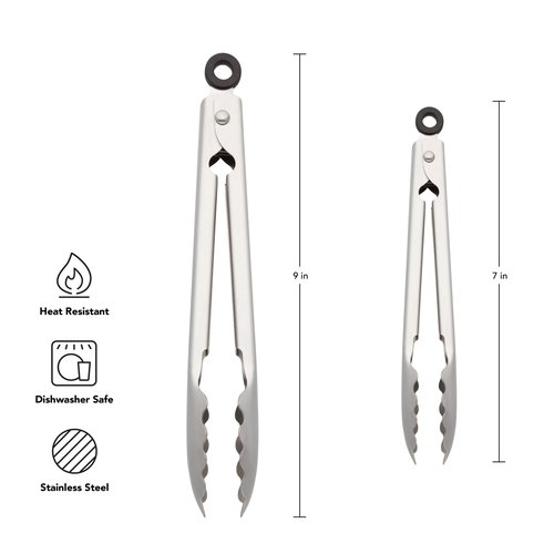 KitchenAid Set of 2 Stainless Steel Tongs with Scalloped Edges Easy Lock Dishwasher Safe Durable and Versatile 7 Inch and 9 Inch Silver