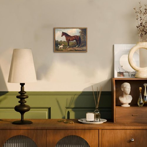 Framed Vintage Wall Art - Rustic Horse & Dog Pictures | Farmhouse Canvas Prints 12x16 Inch