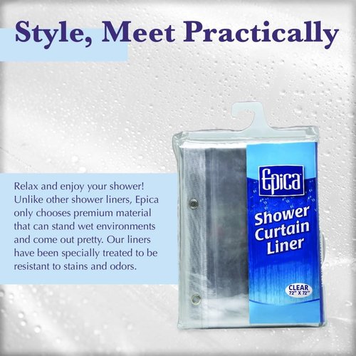 Epica Heavy-Duty Clear Vinyl Shower Curtain Liner - 72x72, Stain & Soap Scum Resistant, Rust-Proof Grommets