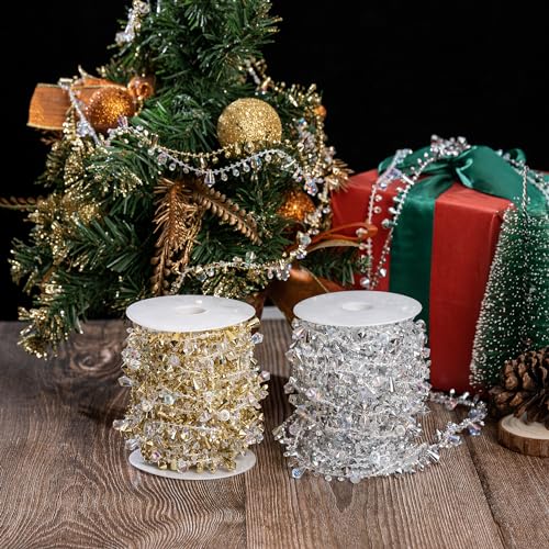 Crystal & Gold Bead Garland - 33 Feet Christmas Tree & Wedding Decor - Variation of 33Feet-Gold+Clear
