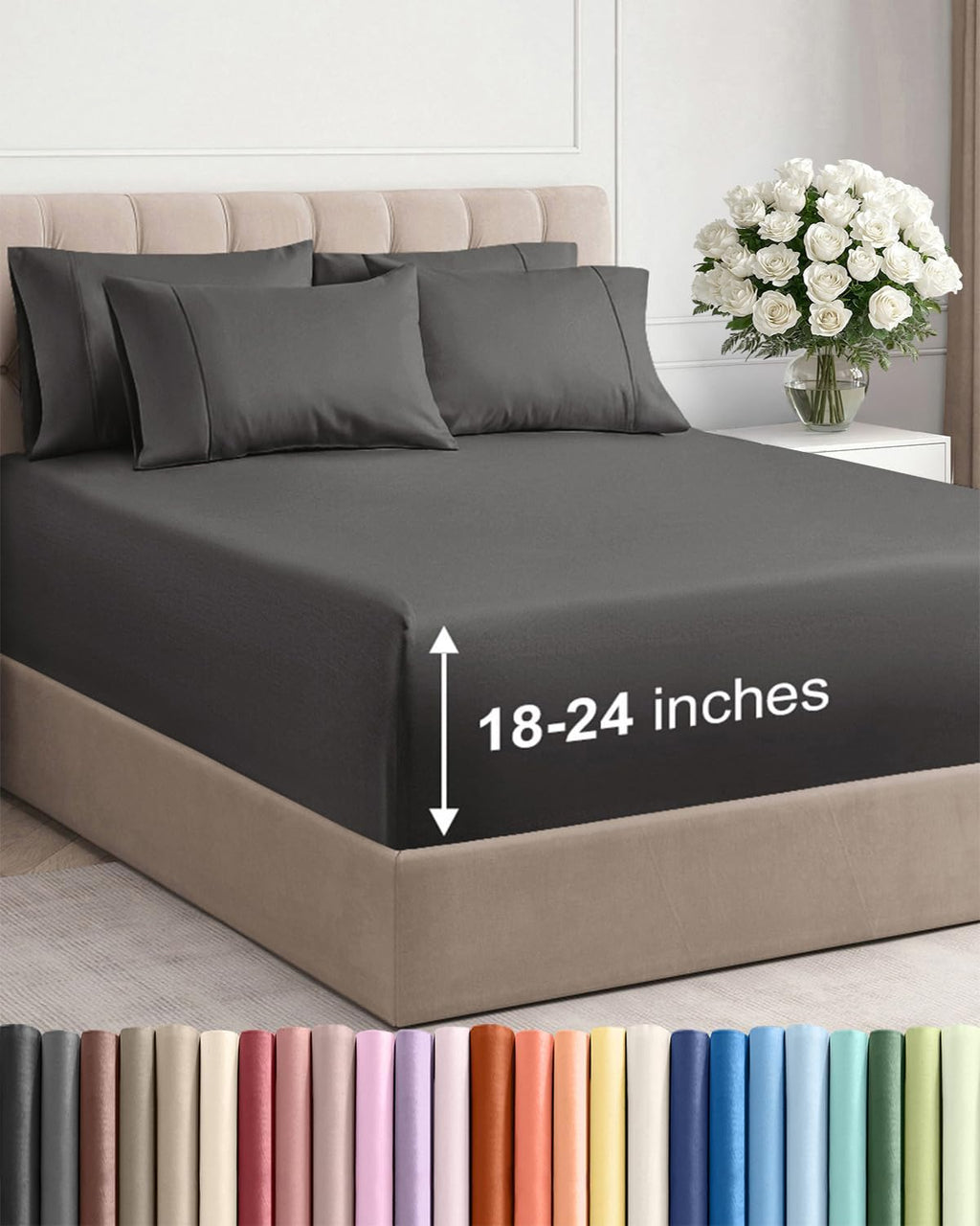Skiennix Extra Deep Full Sheet Set - 6-Piece Breathable Cooling Bedding - Soft, Wrinkle-Free Charcoal