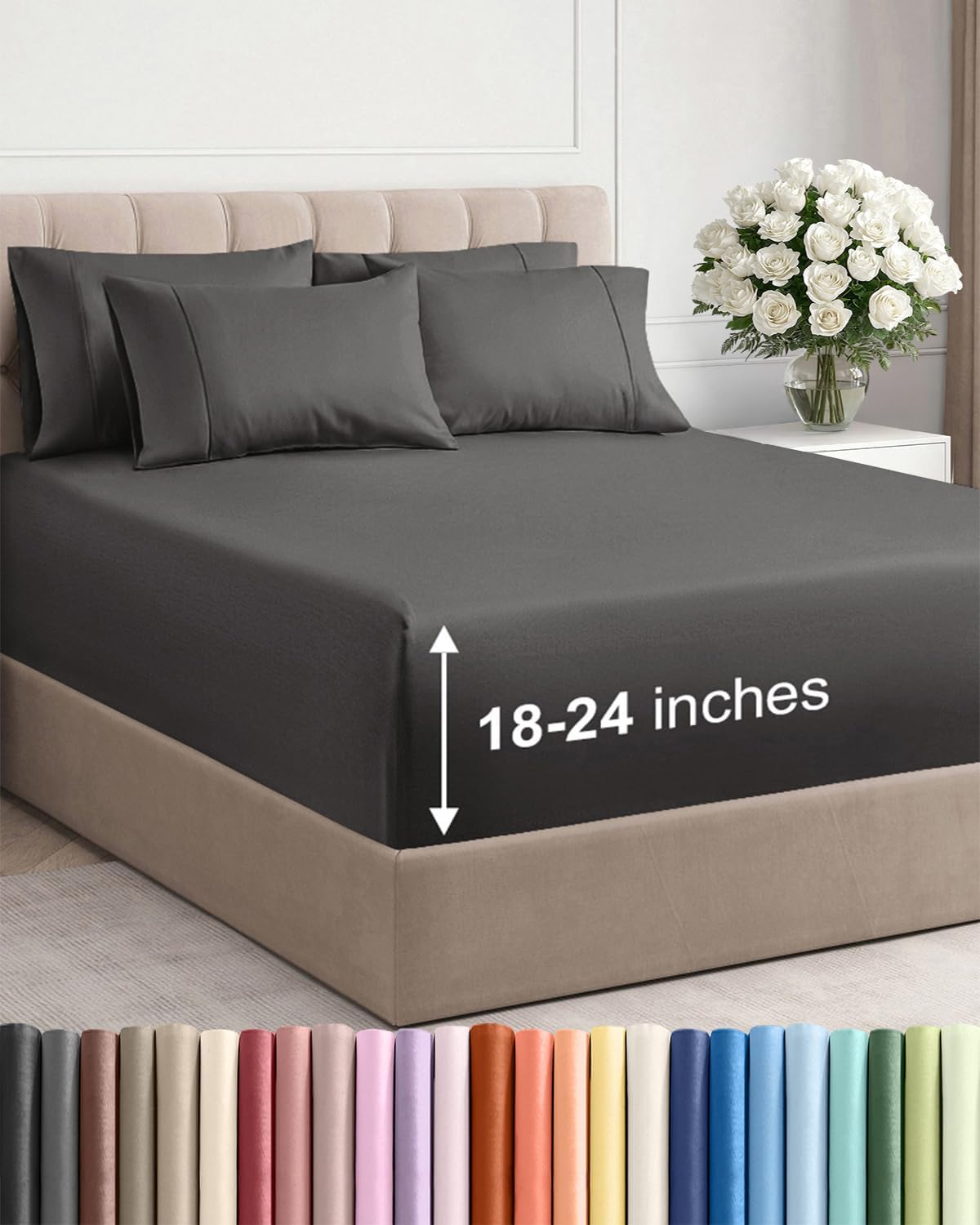 Skiennix Extra Deep Queen Sheet Set - 6 Piece Breathable Cooling Bedding - Soft Wrinkle-Free Charcoal