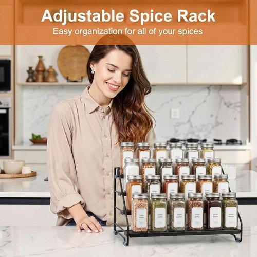 AVMDOM 4 Tier Spice Rack Organizer for Cabinet, Step Adjustable Spice Shelf Seasoning Organizer with Non Slip Tiers, Expandable Metal Spice Rack for Kitchen Countertop, Pantry, Cupboard – Black