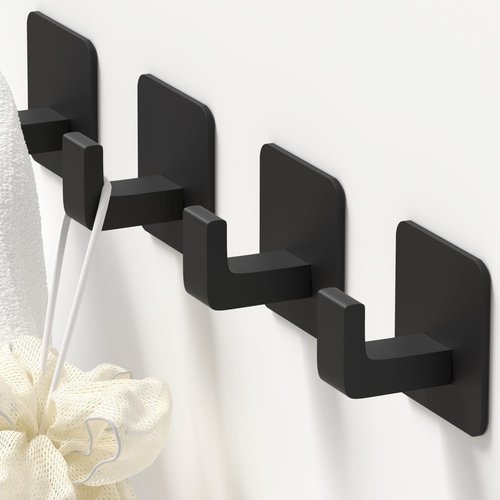 GWAAZXGZ Square Self-Adhesive Towel Hooks - 4 Pack Matte Black Metal for Towels, Robes & Hats | Right-Angle Design for Smooth Surfaces
