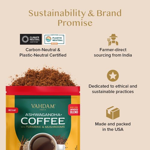 VAHDAM Ashwagandha Coffee with Turmeric, Lion’s Mane & Chaga Mushroom | Clinically Proven KSM 66 Ashwagandha & Pure Arabica Coffee | Stress & Cortisol Support, Better Energy - 40 servings