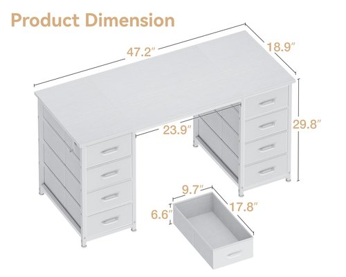Casaottima 48 Inches Computer Desk with 8 Fabric Drawers, Modern Office Desk with Large Storage for Home Office, Study, White