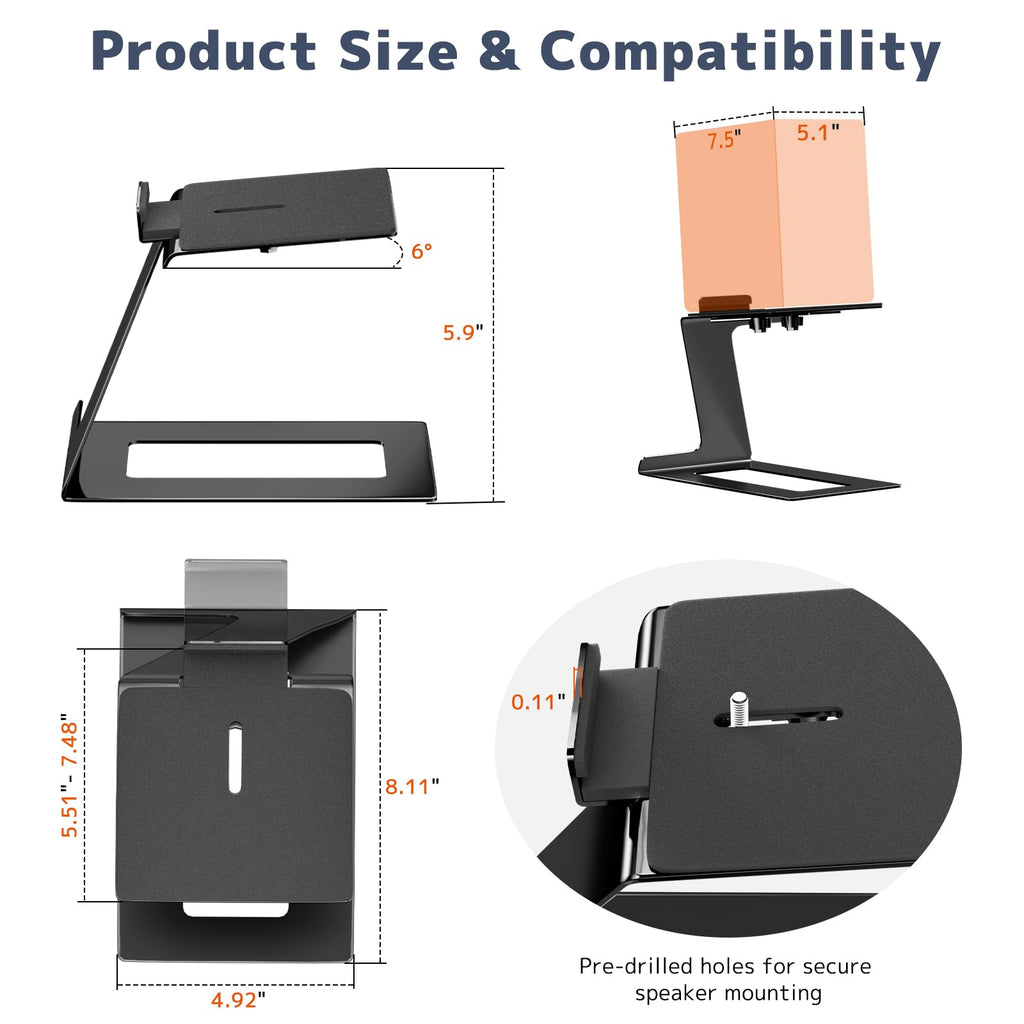PUTORSEN Desk Speaker Stands,Desktop Speaker Stands for Most Small & Medium Bookshelf Speakers, Computer Speakers,Depth Up to 7.71in,6 Tilt Angle,Speaker Risers with Vibration Absorption Pad, Black