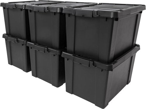 IRIS USA 20 Gallon Lockable Storage Bins - Heavy Duty, Stackable Containers for Garage Organization | 6 Pack - Black