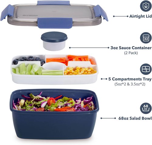 Caperci Large Salad Container Bowl - 68 oz Bento Lunch Box with 5 Compartments & 2 Sauce Cups | Stackable, BPA-Free (Navy)