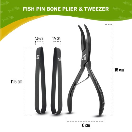 Fish Bone Pliers/Tweezers – Serrated Jaw Plier + Flat & Slant Tweezers | Stainless Steel Pin Bone Remover & Deboning Tools for Salmon, Trout & All Seafood
