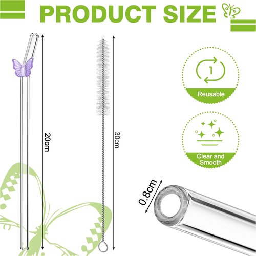 5 Pcs Glass Straws Shatter Resistant - 8 Inch Long Colorful Butterfly Design Reusable Glass Straw with 2 Cleaning Brush, Cute Bar Drinking Straws for Cocktail, Smoothies, Coffee, Juice