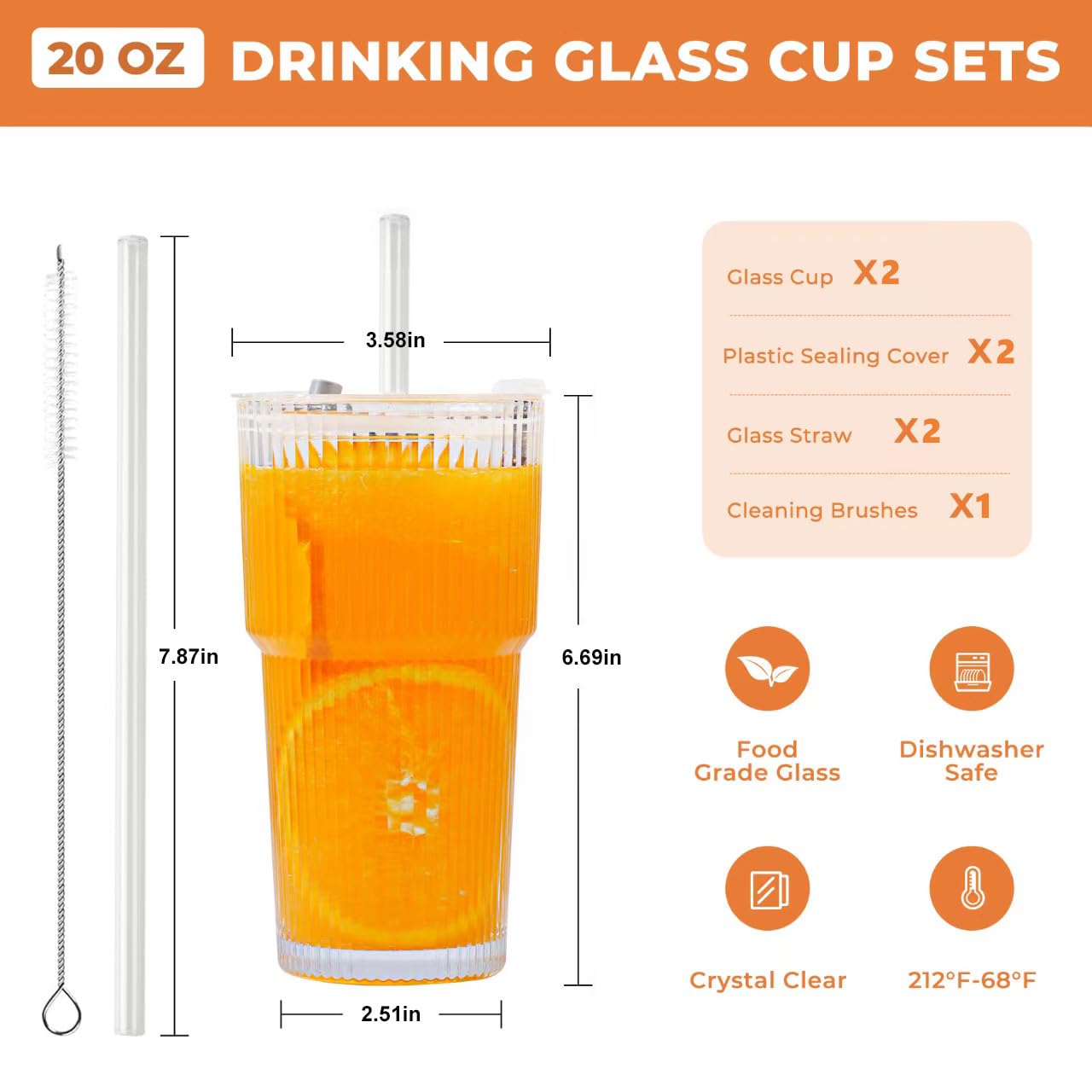 2 Pack 20 Oz Glass Cups with Lids and Straws Iced Coffee Cups Vintage Ribbed Glassware for Beer Ice Coffee Fruit Juice Elegant Aesthetic Cup Glass Iced Coffee Tumbler Include 1 Cleaning Brushes