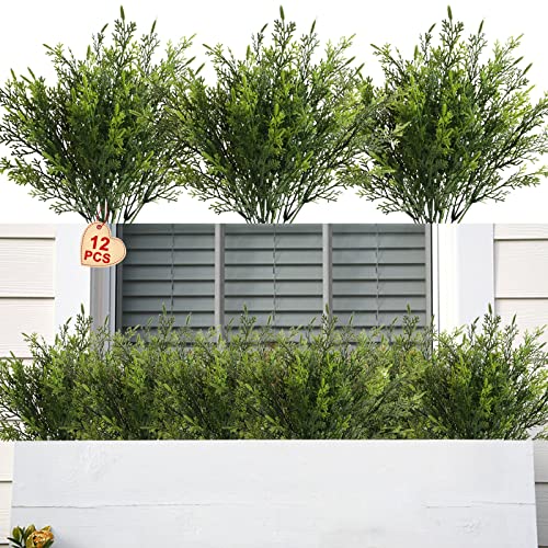 Yoratee Green Artificial Outdoor Cedar Plants 12 Bunches UV Resistant Faux Greenery
