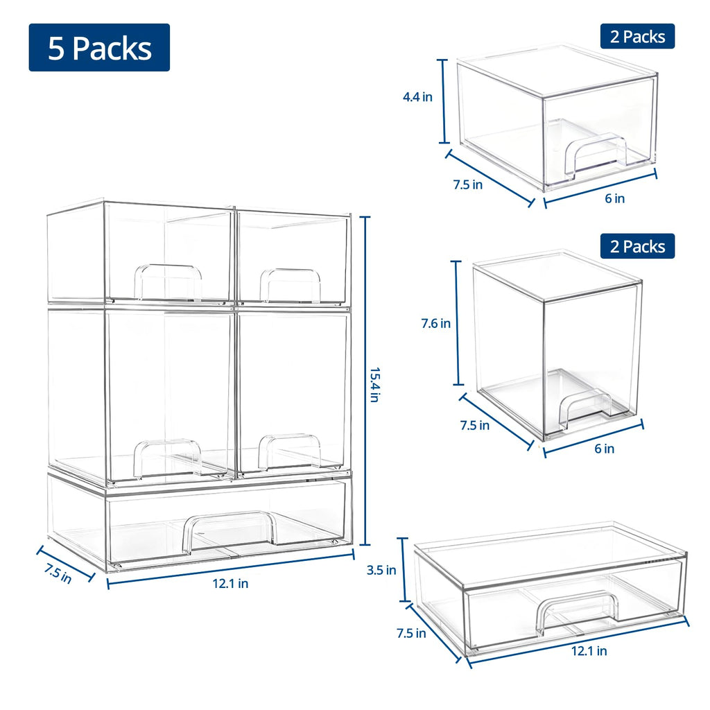 Baby Bottle Organizer Stackable, Acrylic Storage Drawers 5 pack with Non-Slip Pads, Pull-Out Drawers for Baby Bottle, Pump Parts, Pantry, Vanity Countertop (4.4" and 7.6" Tall and 12.1" Wide)
