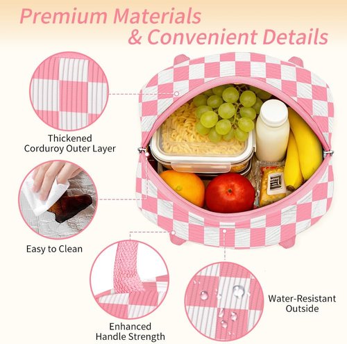 Coobiiya Corduroy Lunch Bag - Insulated Reusable Tote for Work & Travel | Large Capacity Pink Cooler