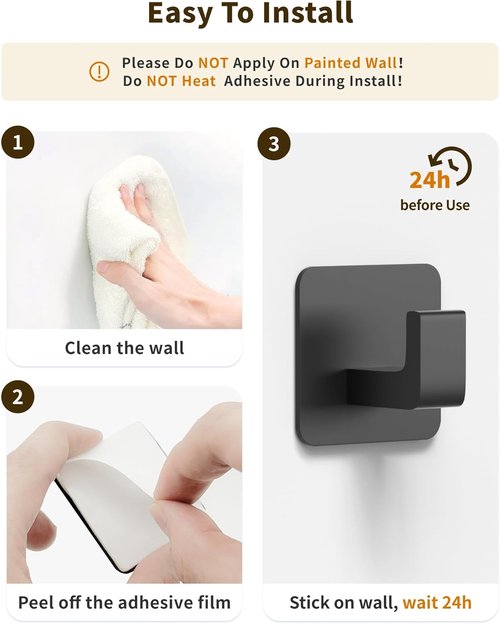GWAAZXGZ Square Self-Adhesive Towel Hooks - 4 Pack Matte Black Metal for Towels, Robes & Hats | Right-Angle Design for Smooth Surfaces