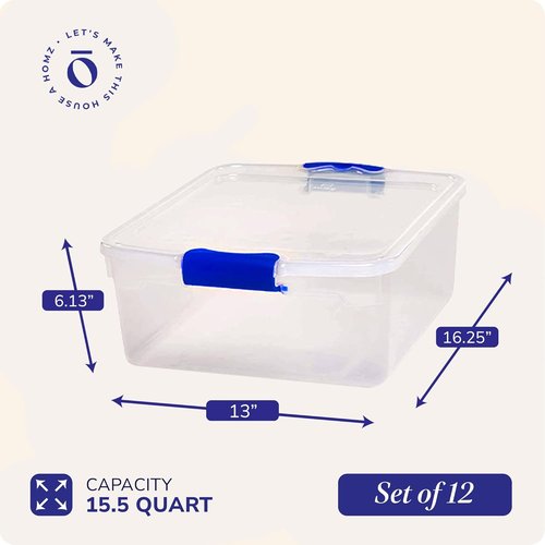 HOMZ 12-Pack Clear Plastic Storage Organizer Bins - 15.5 Quart Stackable Containers for Home & Office