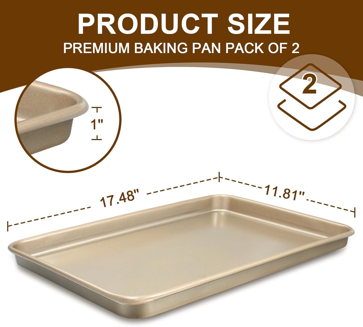 Wildone Baking Sheet Pan Set - Nonstick Carbon Steel Cookie Sheets | Heavy Duty, Easy Clean, 17.5x12 Inch